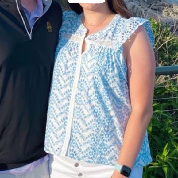 Floral Eyelet Embroidered Button-Up Blouse - Light Blue & White Sleeve - Picture 6 of 6